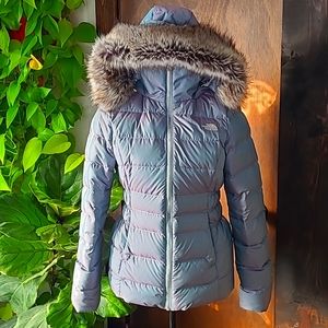 Northface down iridescent winter coat with fur trim hood
